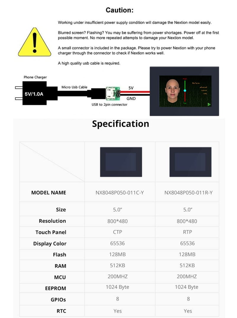 Ferwooh شاشة Nextion الذكية بحجم 5.0 بوصة NX8048P050-011C-Y HMI تسلسلي TFT شاشة تعمل باللمس السعوي 800x480 وحدة LCD مع هيكل تدعم الصوت والفيديو - Image 3